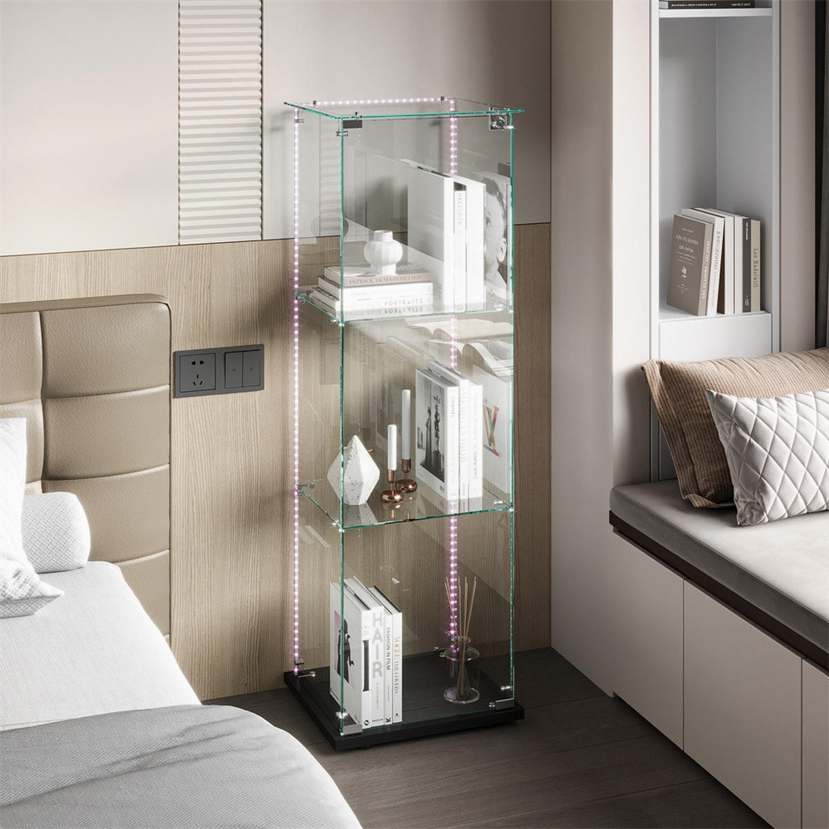 VITRINE - Glas-Vitrine mit 1 Tür - 3 Ebenen und LED-Lichtband-Beleuchtung - Schwarzer Boden - Schwarz, Glas (39.8/123.3/35cm) - DELFA