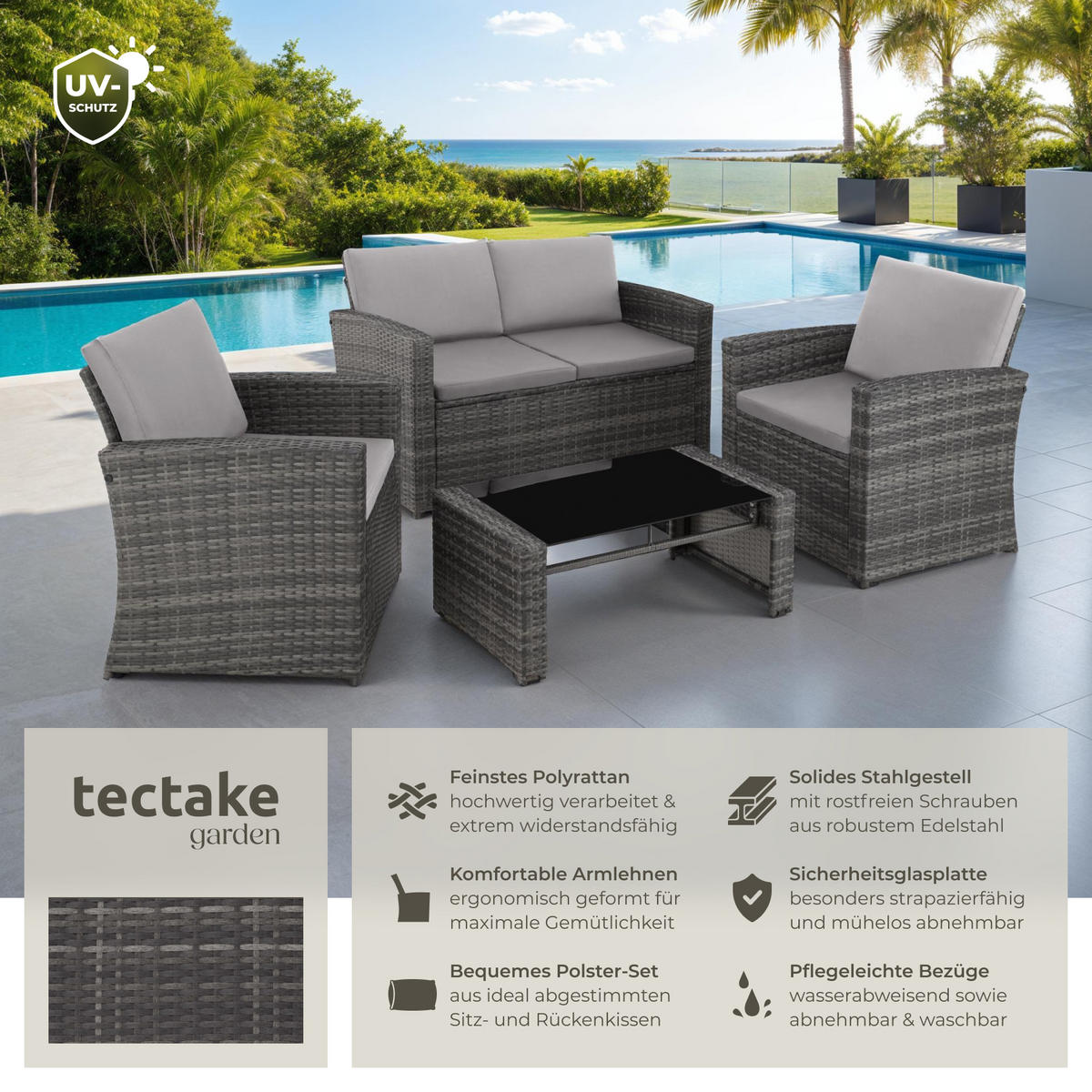 RATTANLOUNGE Jesolo,mit Sicherheitsglasplatte,grau/hellgrau - Grau, Kunststoff - tectake