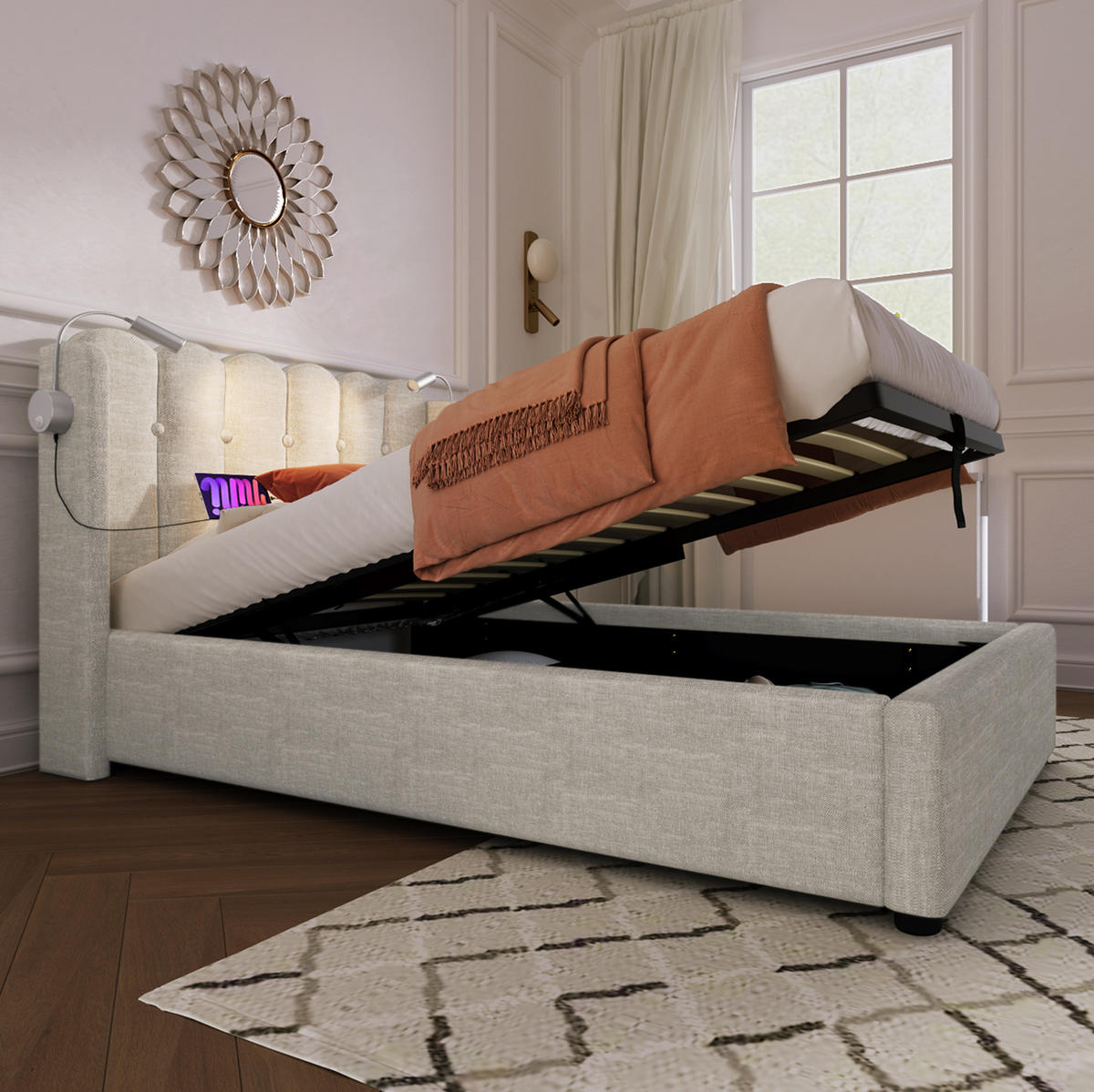 BETT mit Stauraum, USB und Leselicht 90x200 cm Leinen Natur - Beige, Metall (90/200cm) - Meubliv