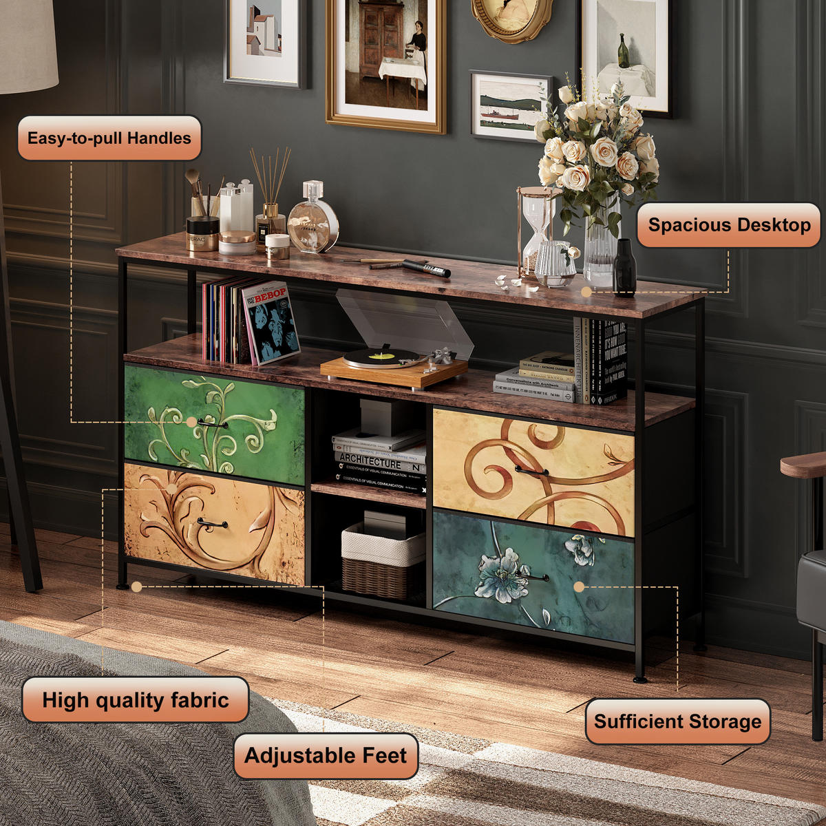 TV-SCHRANK 137 CM - Tigerholz-Optik mit Tigerholz-Stoffschubladen - Multicolor, Holz (30/78/137cm)