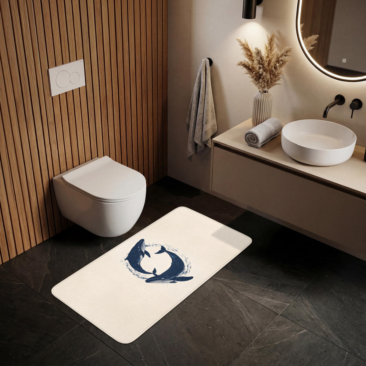 WC PŘEDLOŽKA Velryby - Stříkance - Kruh - Tmavě modrá 120x60 cm - tmavě modrá, textil/plast (120/1cm) - OnlyWow