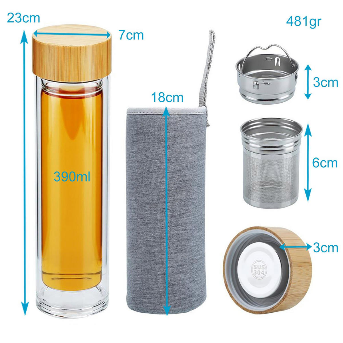 THERMOSFLASCHE mit Edelstahl Sieb - Grau, Glas (0.45L) - Intirilife