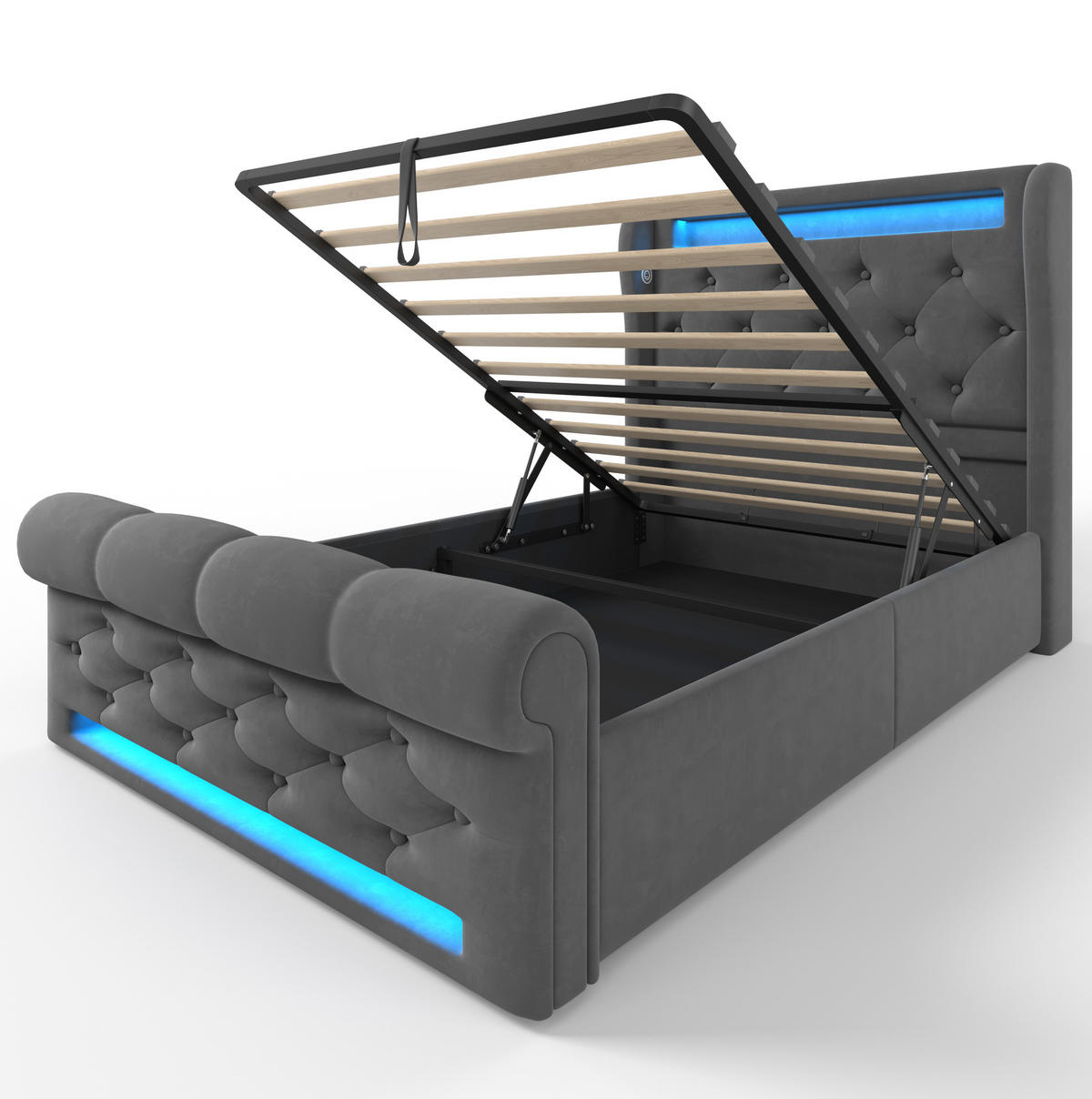 TAPECIRANI krevet od samta 90x200 cm sivi s LED rasvjetom, USB i Type-C priključcima te hidrauličkim spremištem - siva, tekstil (90/200cm) - Modfu