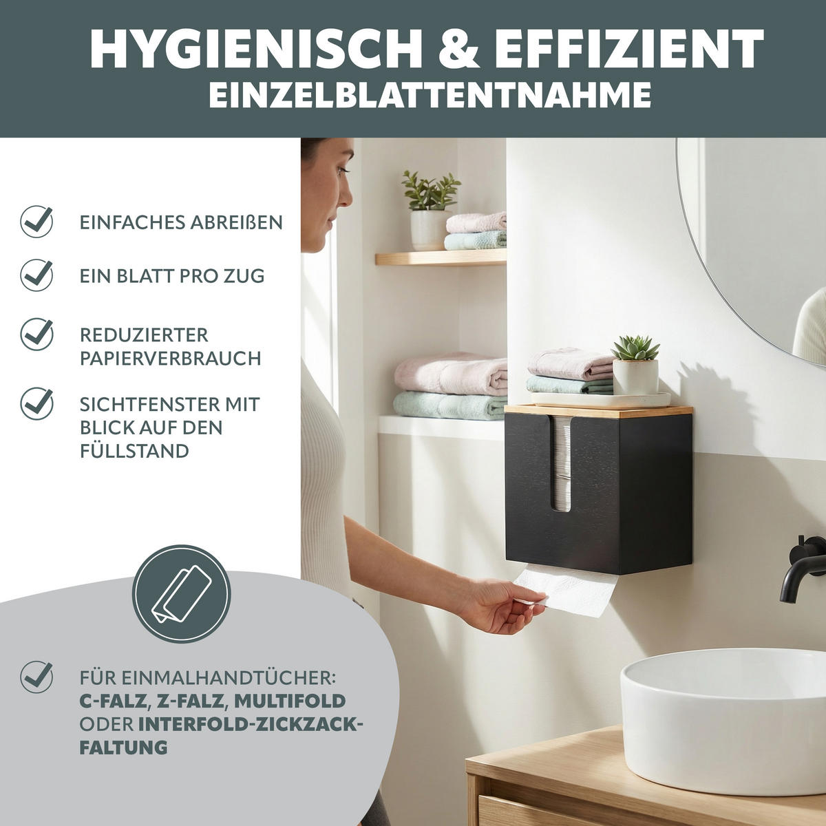 PAPIERHANDTUCHSPENDER mit Bambus-Einsatz - Schwarz, Holz (29/25/15cm) - eluno