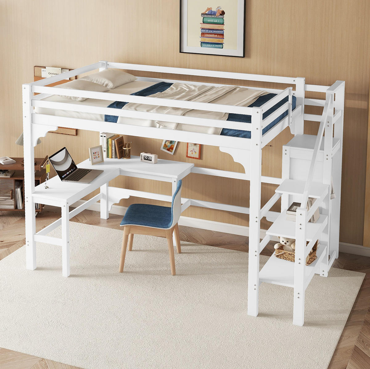 HOCHBETT 140/200 cm Weiß aus Kiefernholz und MDF mit Schreibtisch - Weiß, Holz (140/200cm) - OKMYHOME