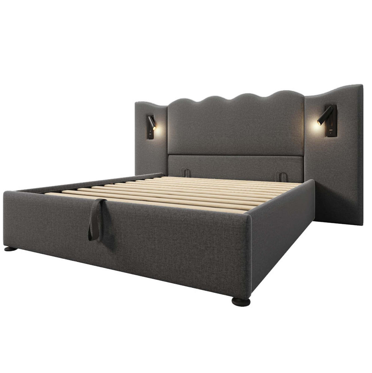 POLSTERBETT aus Leinen 160x200 cm Grau mit Bettkasten, Leselampe, USB- und USB-C-Anschlüssen, Matratze - Grau, Textil (160/200cm) - IVMEU