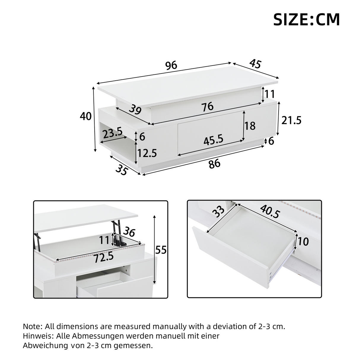KLUB stolić, 96/45/40 cm bijeli, podesiv po visini sa spremištem i LED rasvjetom - bijela, drvni materijal (96/45/40cm) - BEAOK