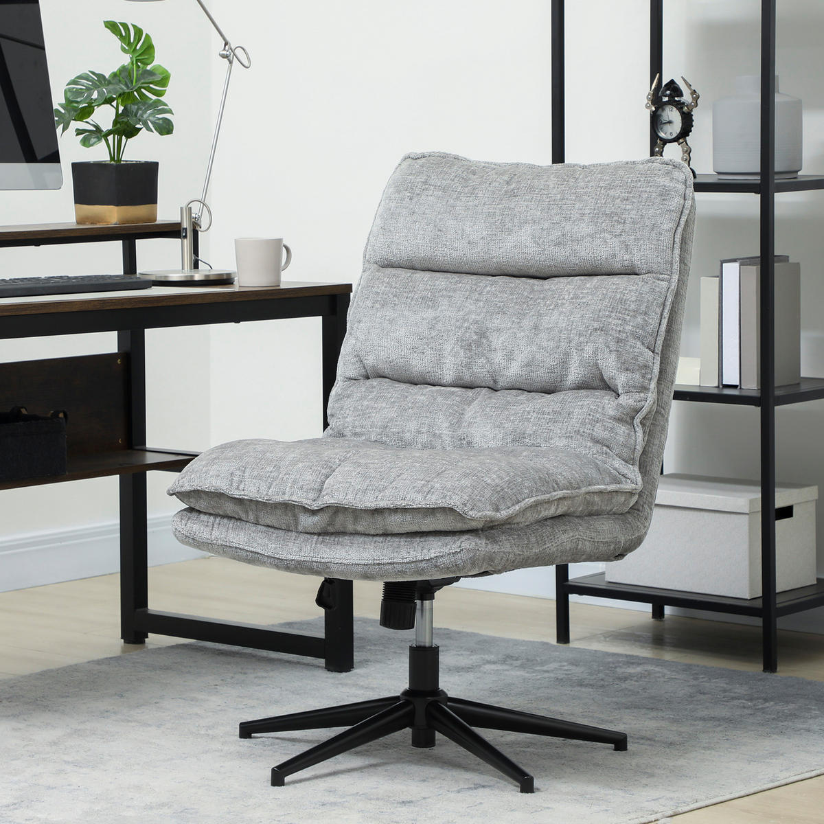 BÜROSTUHL Ohne Armlehnen Gepolsterter Schreibtischstuhl mit Breiter Polster - Schwarz/Grau, Textil/Metall (63.5/102/81cm) - HOMCOM