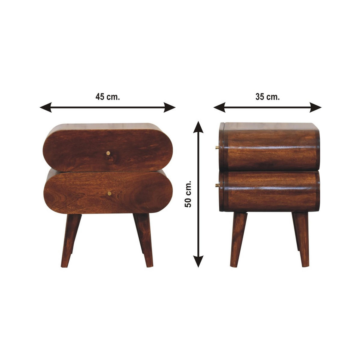 NACHTTISCH mit zwei Schubladen, nordischen Beinen, in Braun. - Messingfarben/Braun, Mangoholz/Holz (45/50/35cm) - Artisan Furniture