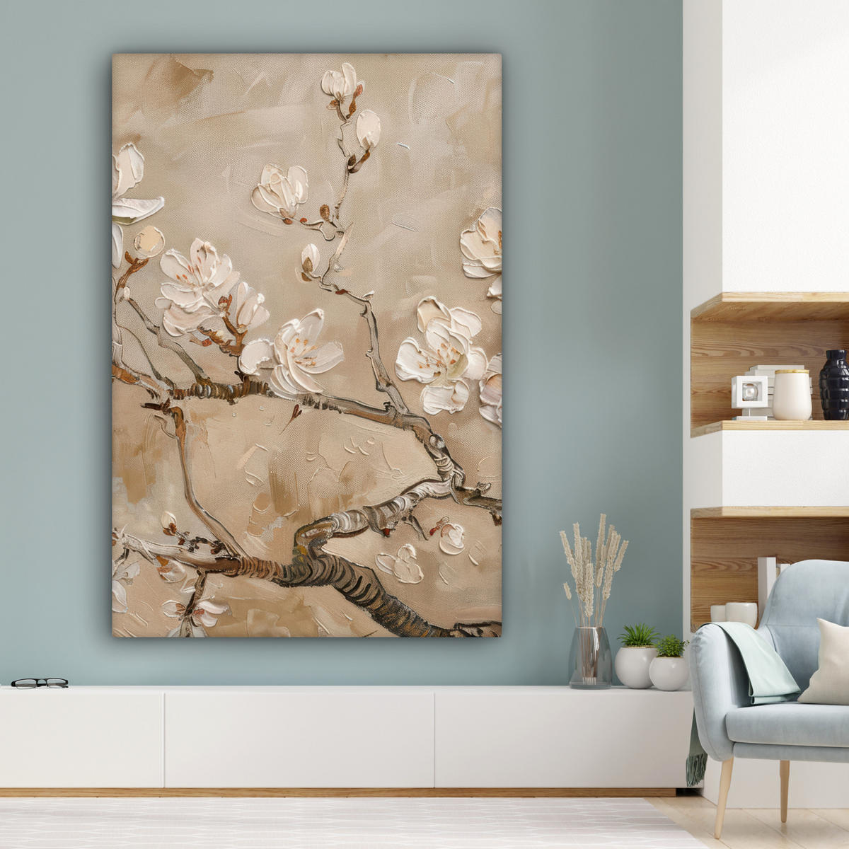 LEINWANDBILD Blumen - Modern - Beige - Weiß - Blüte Deko Groß 90x140 cm - Beige, Textil (90/140cm) - MuchoWow