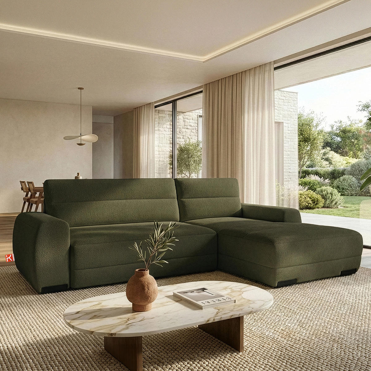 ECKSOFA RECHTS BLUME, Dunkelgrün - Dunkelgrün, Holz/Holzwerkstoff (271/164cm) - KONSIMO®