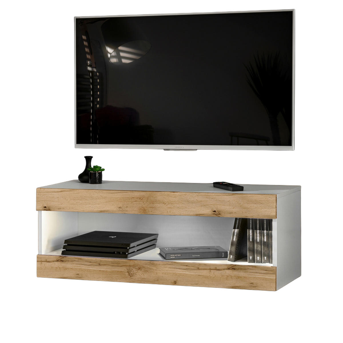 HÄNGEBOARD TV TIVOLI RTV2 Offener Raum Weiß + Wotan - Eiche Wotan/Weiß, Glas/Holzwerkstoff (100/36/35cm) - Komodee