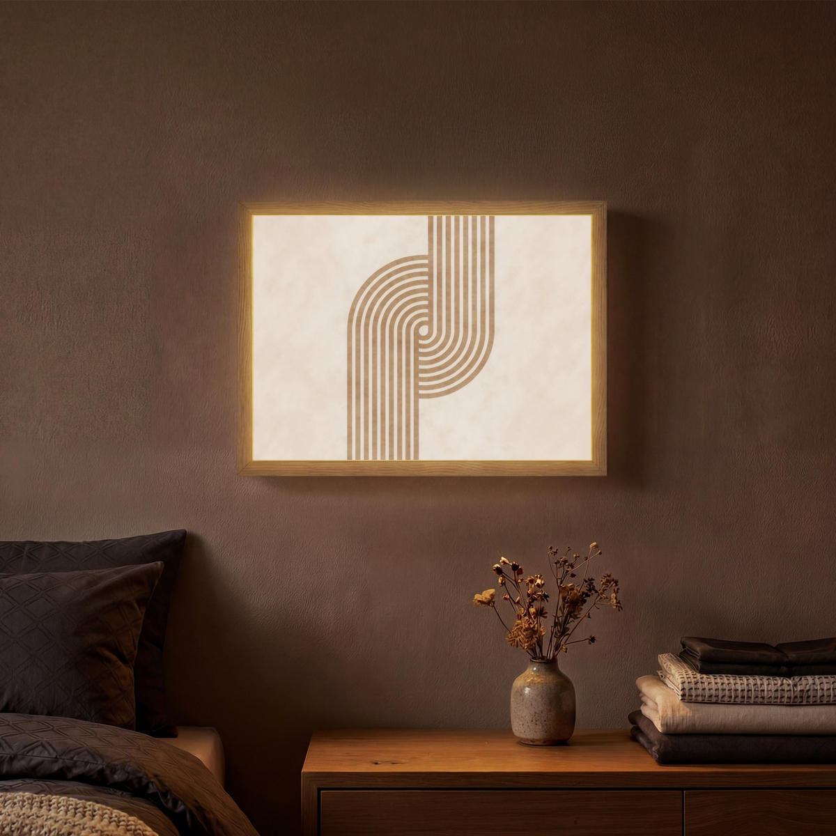 NÁSTĚNNÁ LAMPA S AKUMULÁTOREM Symetrický ohyb - měděná barva 40x30 cm - béžová, kompozitní dřevo (40/30/8cm) - OnlyWow