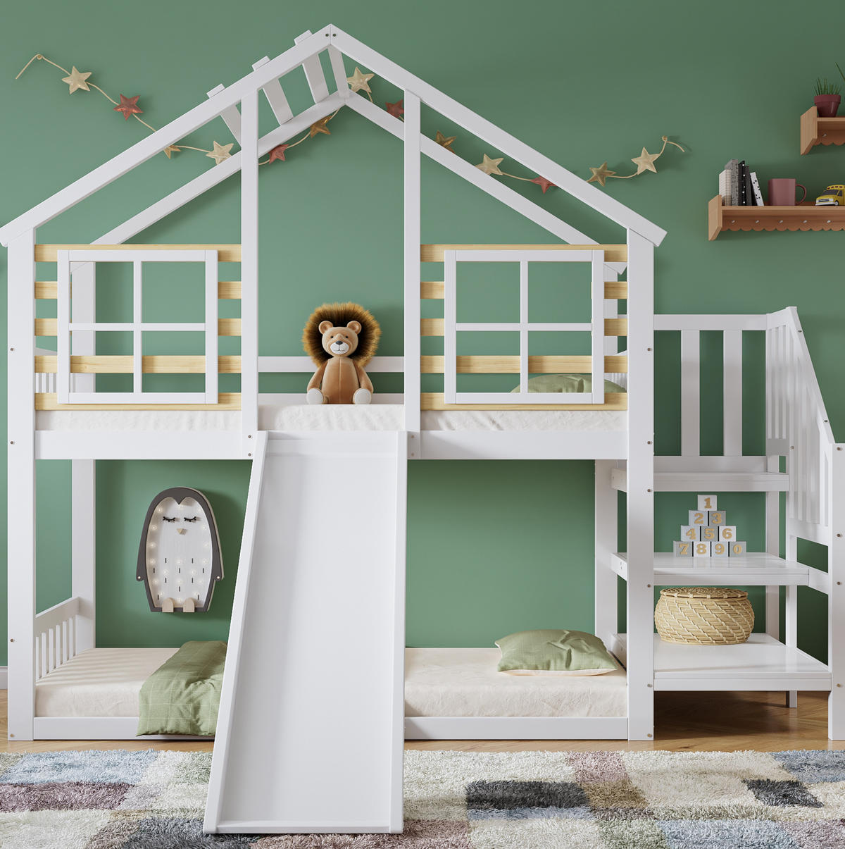 HAUSBETT 90/200 cm mit Rutsche und Treppe, Weiß/Natur - Weiß, Holzwerkstoff (90/200cm) - Flora Grace