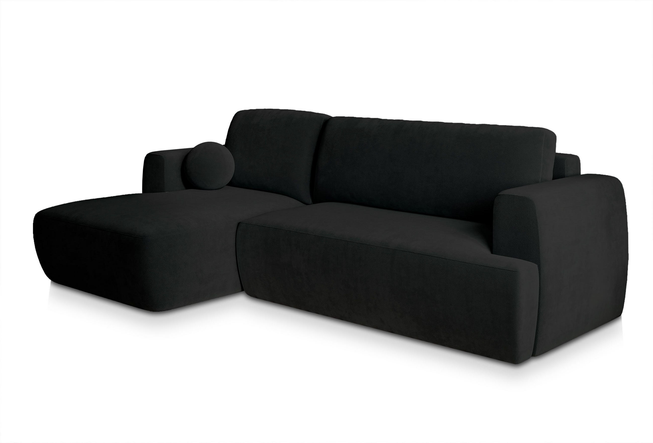 ECKSOFA SENTI K L-S Schwarz Plüsch-Stoff mit Schlaffunktion - Schwarz, Holz (246/148cm) - MASSENO