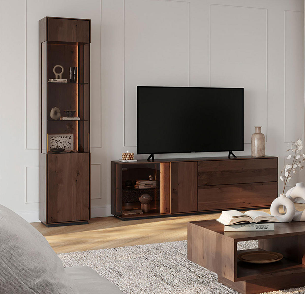 WOHNZIMMER-SET Collodi Widleiche Tabak (2-tlg) Türanschlag rechts - Wildeiche/Eichefarben, Holz (208/205/43.5cm) - Feldmann-Wohnen