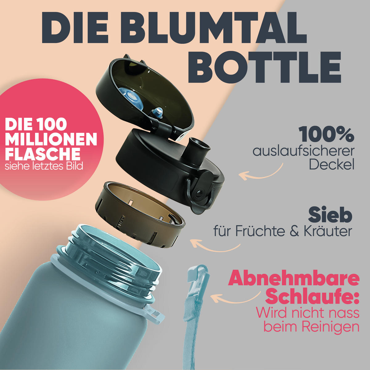 TRINKFLASCHE 0,5L - auslaufsichere - 1-Klick-Verschluss - BPA - freie - Grau-Blau - Blaugrau, Kunststoff (0.5L) - Blumtal