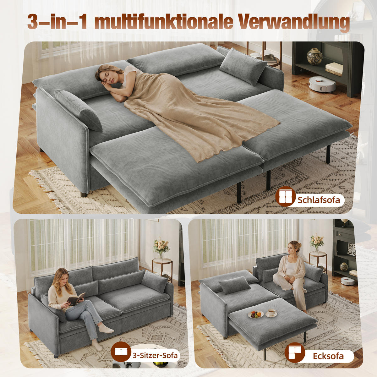 SCHLAFSOFA 3-in-1 ausziehbar mit Staufach, DE-42857, Hellgrau - Hellgrau, Holzwerkstoff (206/86/91cm) - ComfortXL