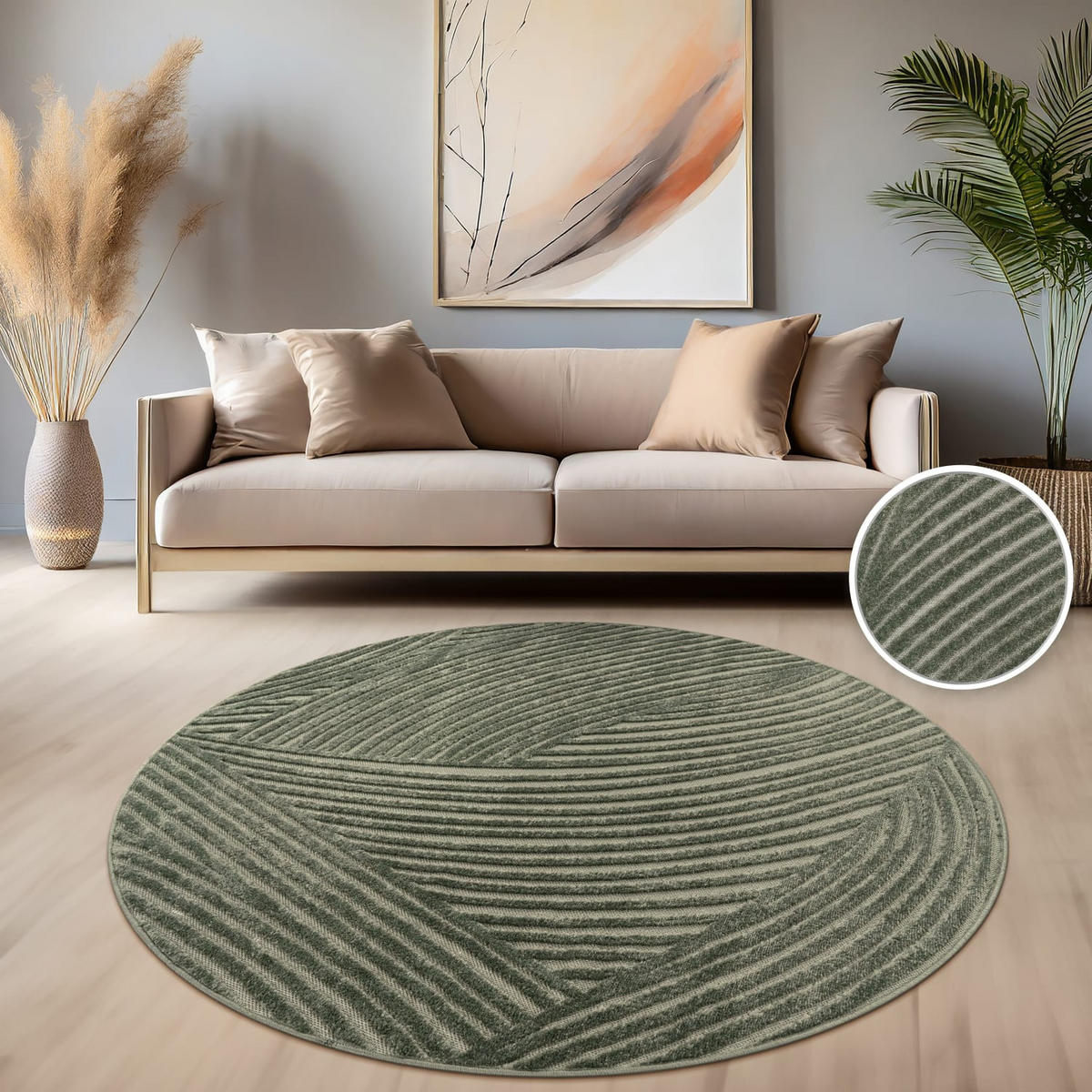TEPPICH Kurzflor Struktur Wohnzimmer schmutzabweisend Grün Rund 160D - Grün, Textil (160/160cm) - KADIMA DESIGN