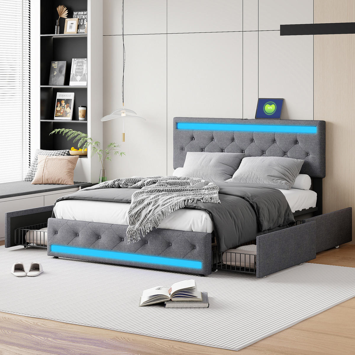 POLSTERBETT 140x200 cm mit LED und USB, Doppelbett mit Lattenrost und Kopfteil, 4 Schubladen, Leinenstoff, Grau - Grau, Textil/Metall (140/200cm) - GENKI LIVING