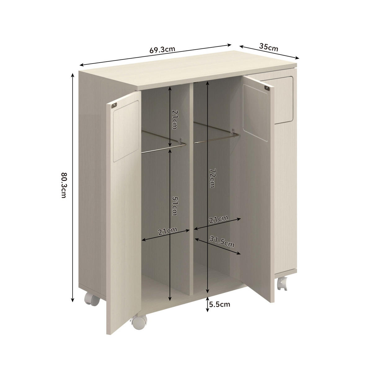 KOMMODE 69,3/35/80 cm aus MDF mit 3 Fächern und Rollen Weiß - Weiß, Holzwerkstoff (70/80/35cm) - Modenvie