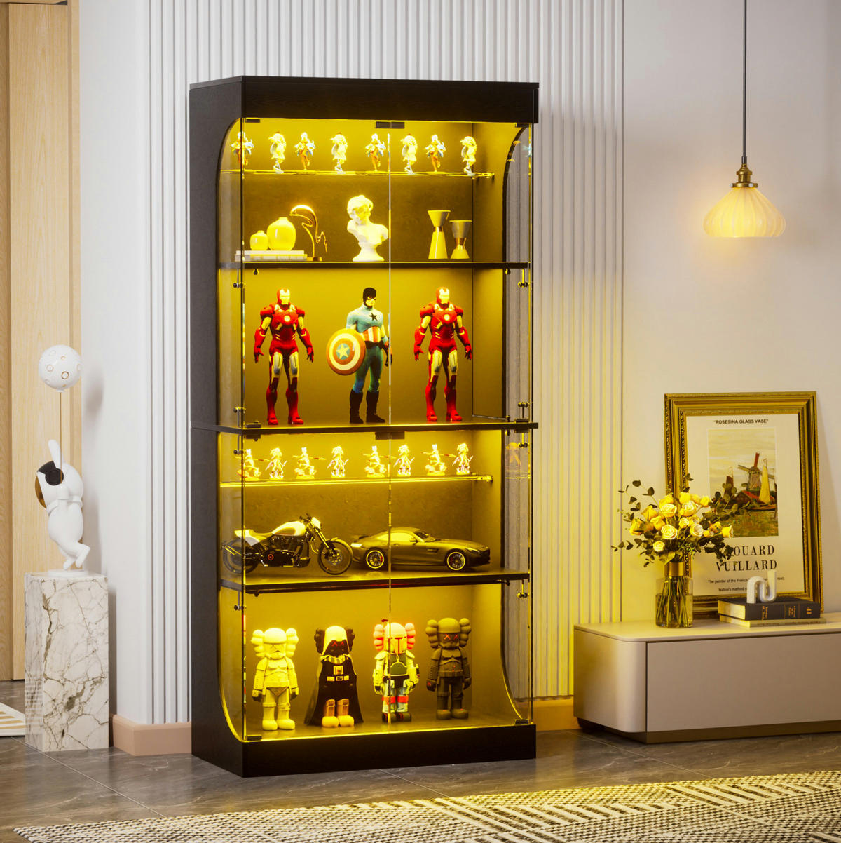 VITRINE 80/35/165 cm in Schwarz mit LED-Beleuchtung und USB- und Type-C-Anschlüssen - Schwarz, Glas (80/165/35cm) - Flora Grace