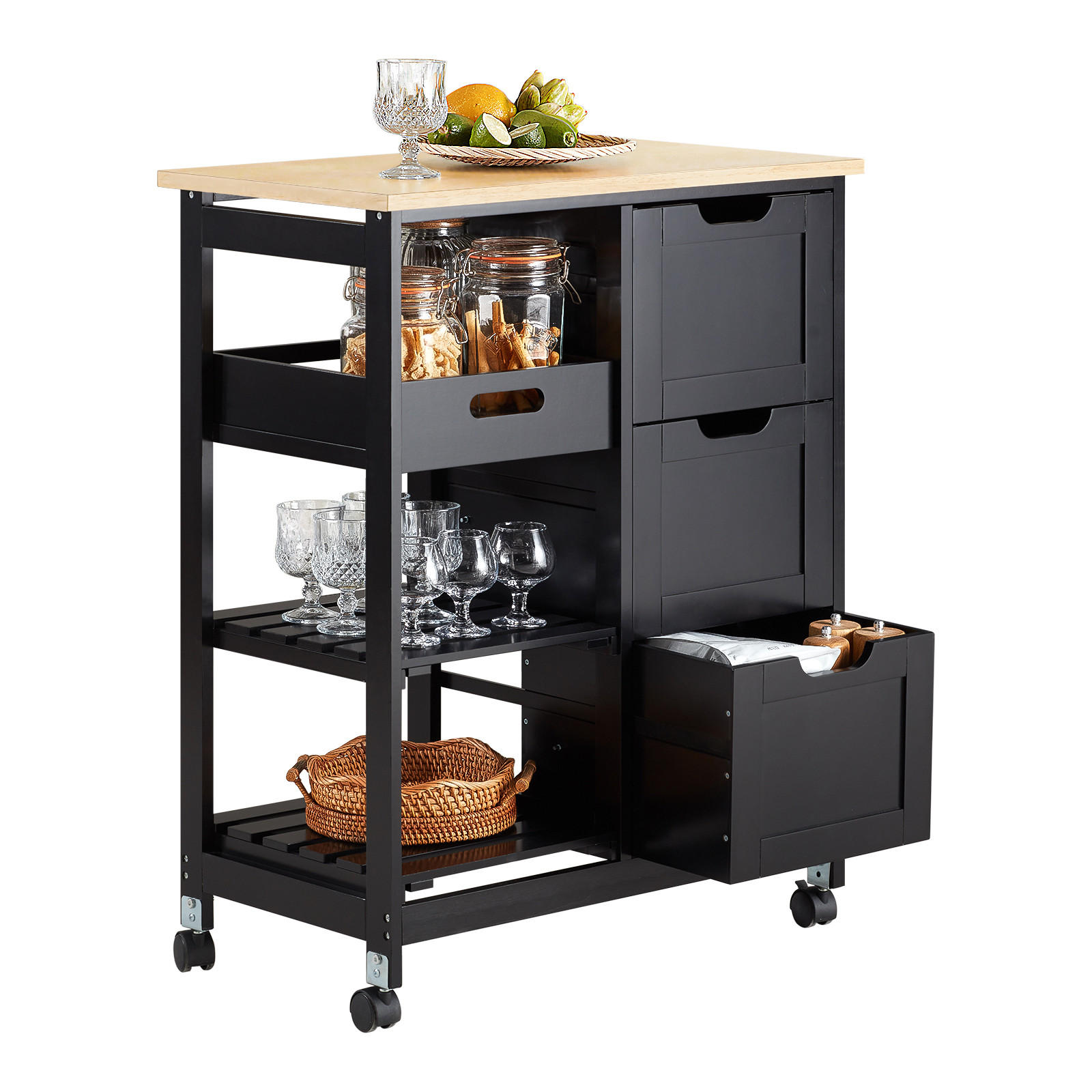 SERVIERWAGEN mit Rollen, Schwarz, 68x85x38cm, bis 50kg - Schwarz, Holz/Holzwerkstoff (68/85/38cm) - SoBuy