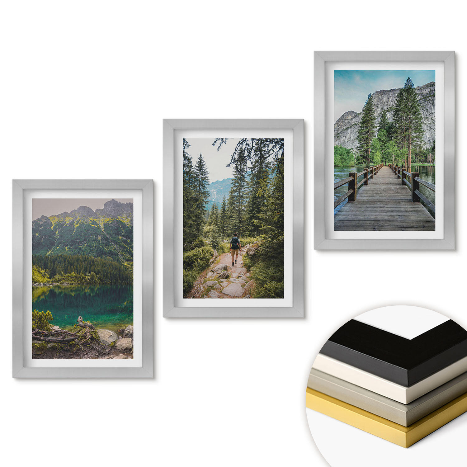 WANDBILDER 3er Set - 20x30 cm Silberner Rahmen - Berge, Seen, Wälder, Wege - Silberfarben, Kunststoff (20/30cm) - ArtPrintCave