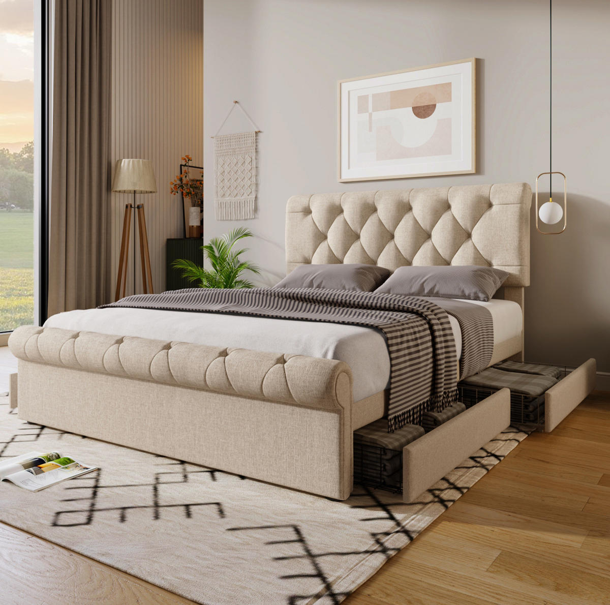 BETT mit 4 Schubladen und verstellbarem Kopfteil 140x200 cm Natur - Beige, Holz (140/200cm) - Meubliv