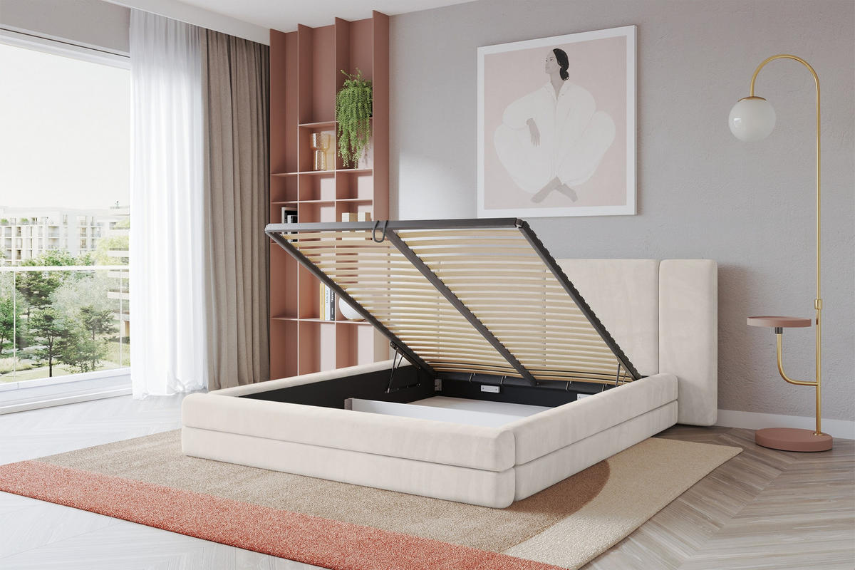 POLSTERBETT mit Bettkasten und Lattenrost, Bett mit Matratze H3/H4 - TEVO 160x200 Beige - Ecru, Holzwerkstoff/Textil (160/200cm) - ALTDECOR