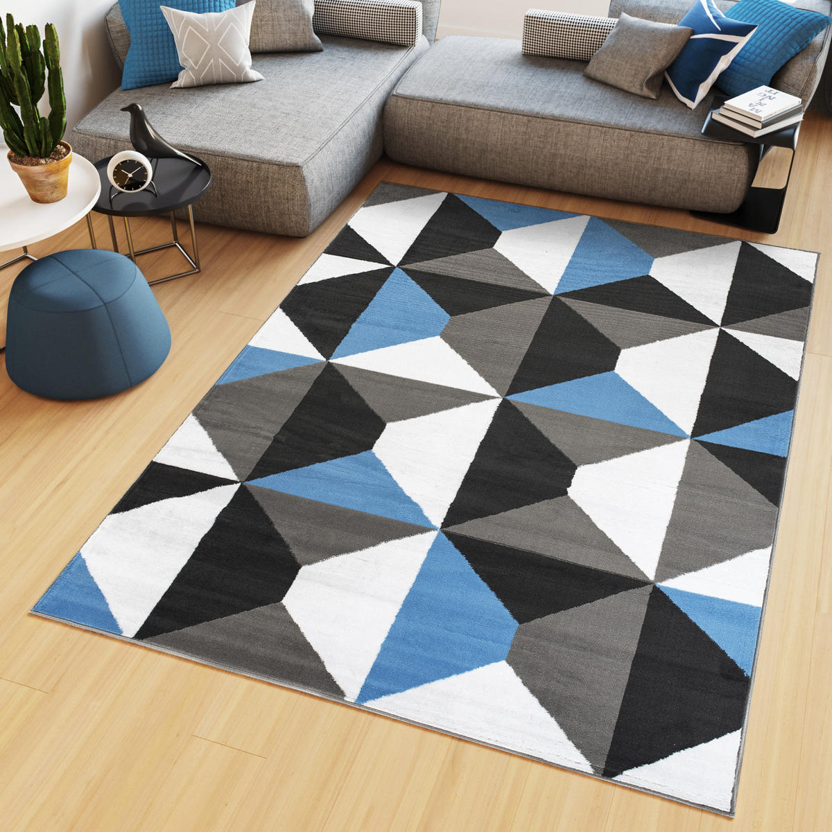 TEPPICH MAYA Blau Vierecke Geometrisch Figuren 250/300 cm - Blau, Textil (250/300cm) - Tapiso