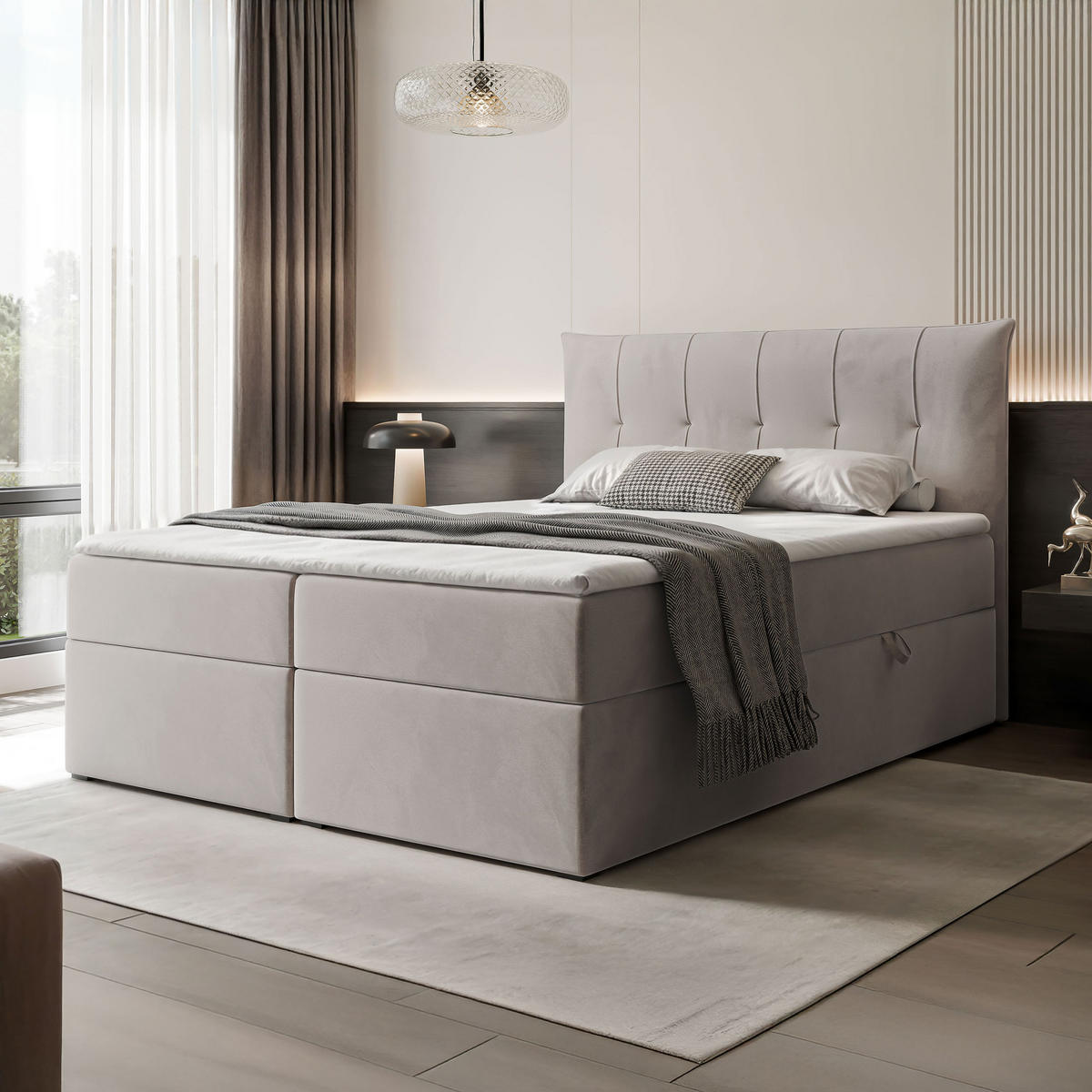 BOXBETT CHESTER 160/200 cm mit Matratze und Topper, Hellgrau - Hellgrau, Holzwerkstoff/Textil (160/200cm) - Idohome