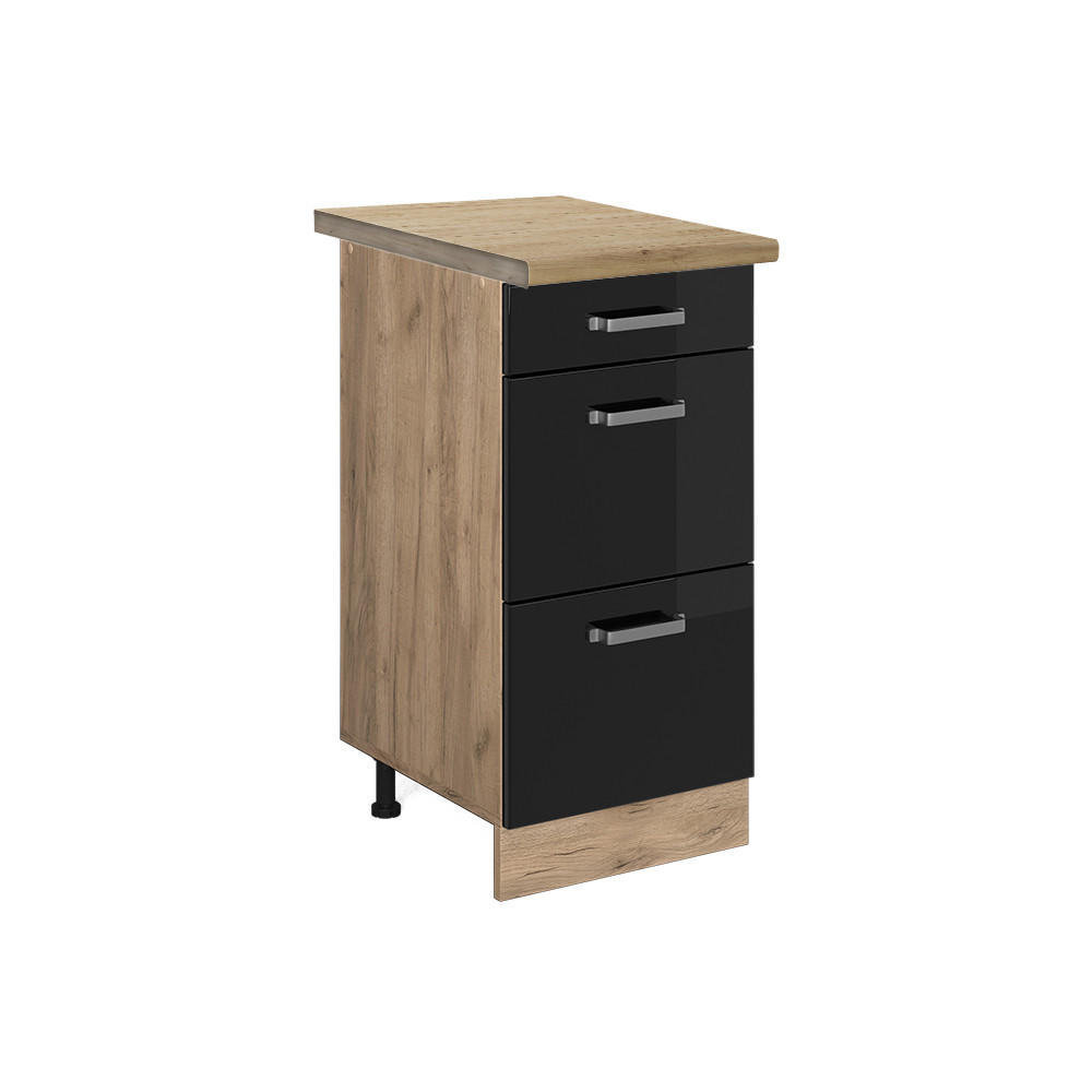 KÜCHENUNTERSCHRANK R-Line Schwarz Hochglanz 40 cm mit Schubladen AP Eiche - Honigeiche/Schwarz Hochglanz, Holzwerkstoff (40/81.6/60cm) - Vicco