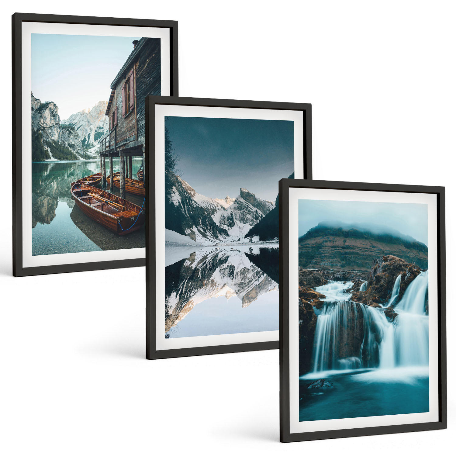BILDER SET 3er Set - 40x60 cm Schwarzer Rahmen - Berglandschaften Wasserfall See - Schwarz, Kunststoff (40/60cm) - TULUP