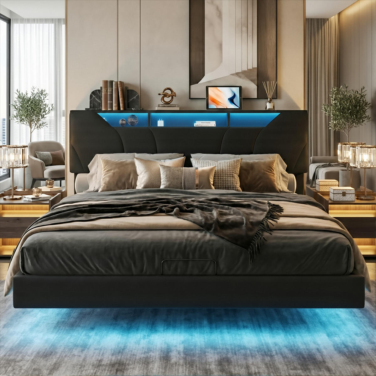 POLSTERBETT Modern 140/200 cm mit Bettkasten & App-LED Kunstleder Schwarz - Schwarz, Textil (140/200cm) - Creahappy