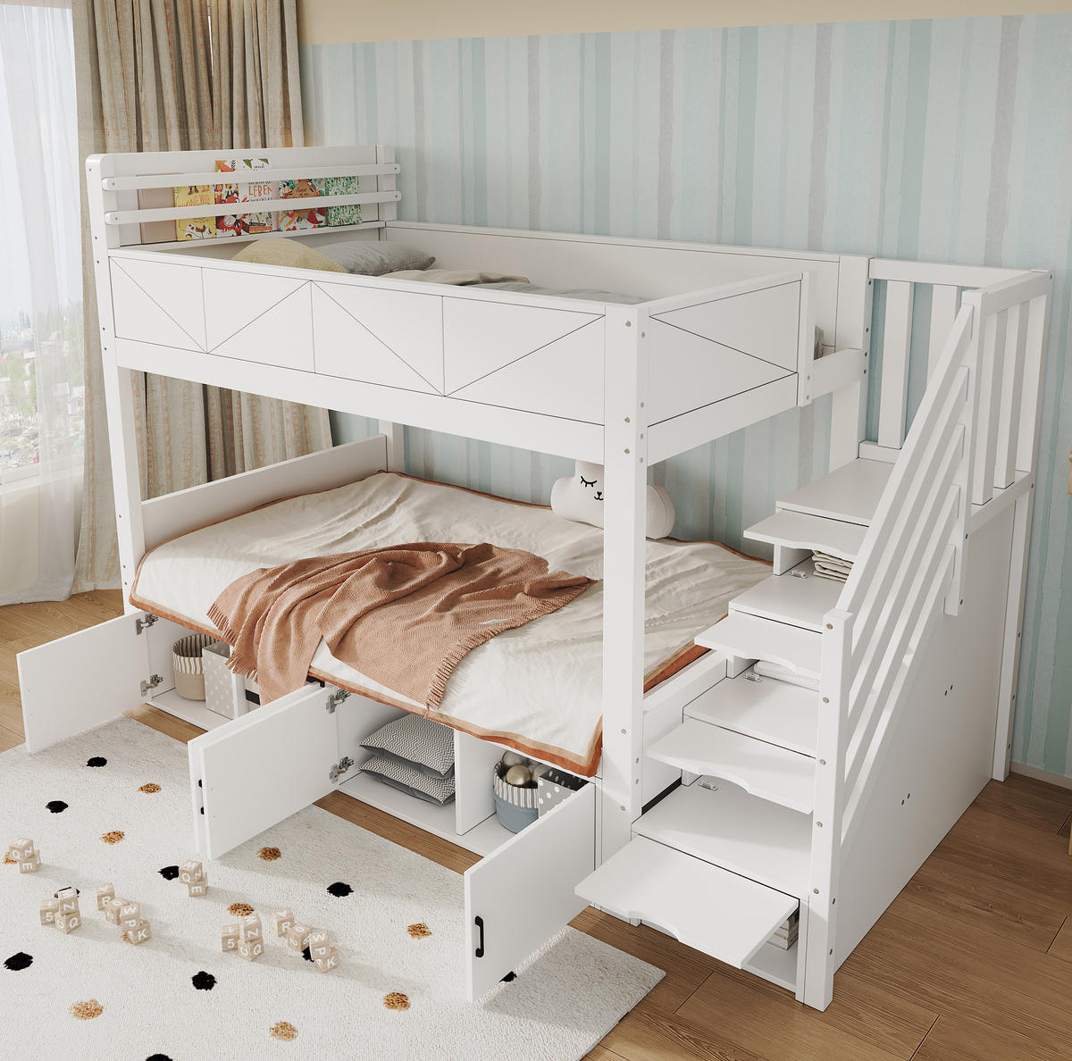 ETAGENBETT 90/200 cm aus Holz mit Stauraumtreppe, Weiß - Weiß, Holz (90/200cm) - OKMYHOME