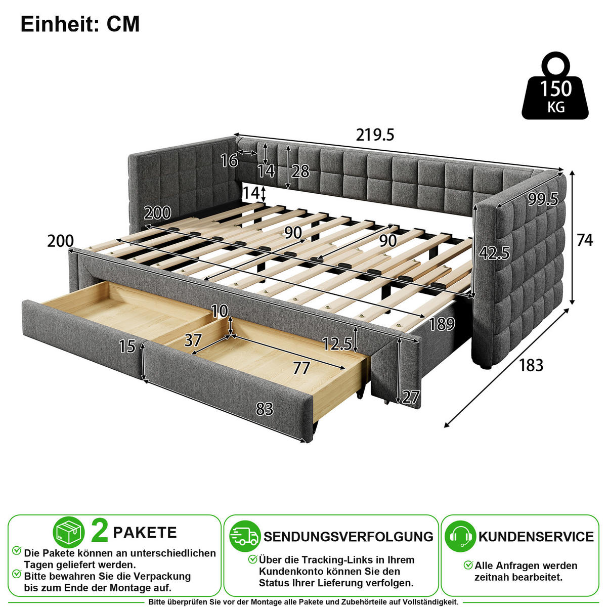 SCHLAFSOFA 90/200 cm & 180/200 cm in Grau Samt mit 2 Schubladen - Grau, Holzwerkstoff/Textil (90/200cm) - CHICFURN