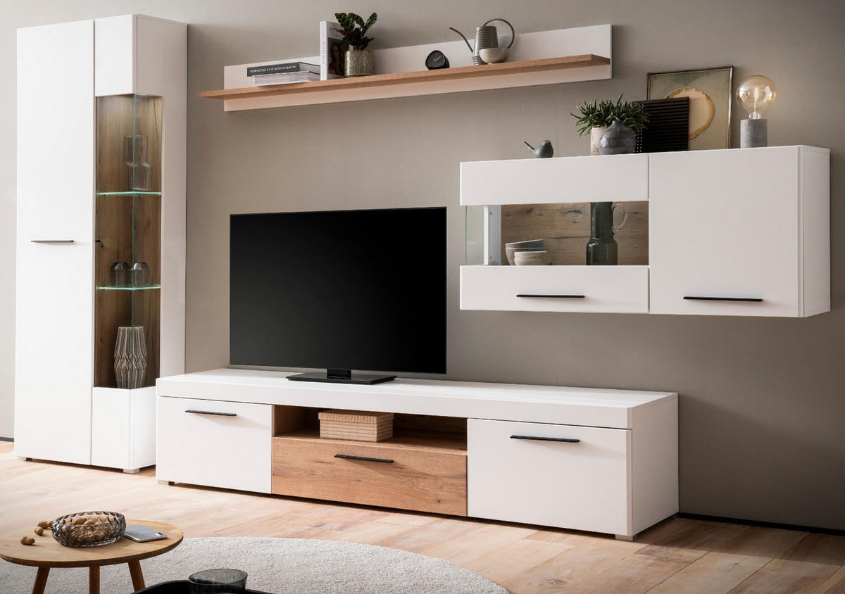 WOHNWAND weiß matt, Evoke Eiche, Wohnkombination 4-teilig, Soft-Close-Funktion - Eichefarben/Silberfarben, Glas/Holzwerkstoff (327/200/45cm)