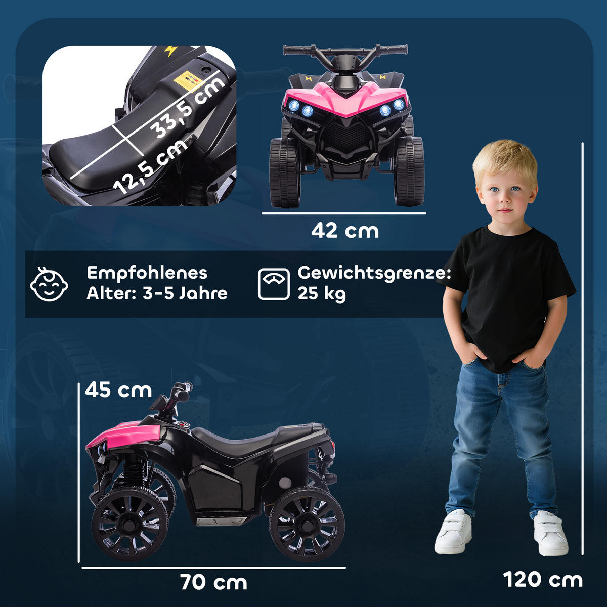 KINDERQUAD DE-06276 6V mit Musik und LED-Scheinwerfer Rosa - Pink, Kunststoff/Metall (70/42/45cm) - ComfortXL