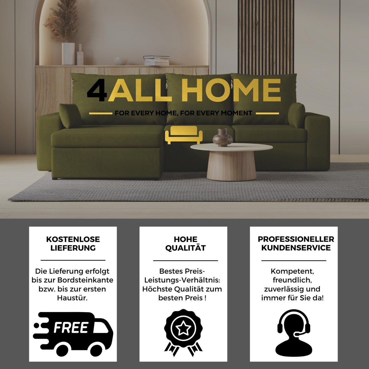 ECKSOFA Paco mit Bettkasten und Schlaffunktion, L-Form/XL-Form, Velourstoff, Universal - Olivgrün, Holzwerkstoff (276/145cm) - 4ALL HOME