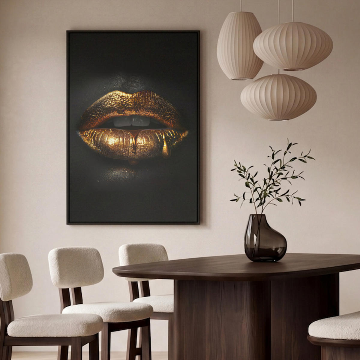LEINWAND Bilder mit Rahmen - Frau - Porträt - Lippen - Gold - Schwarz - 80x120 - Schwarz, Textil (80/120cm) - MuchoWow