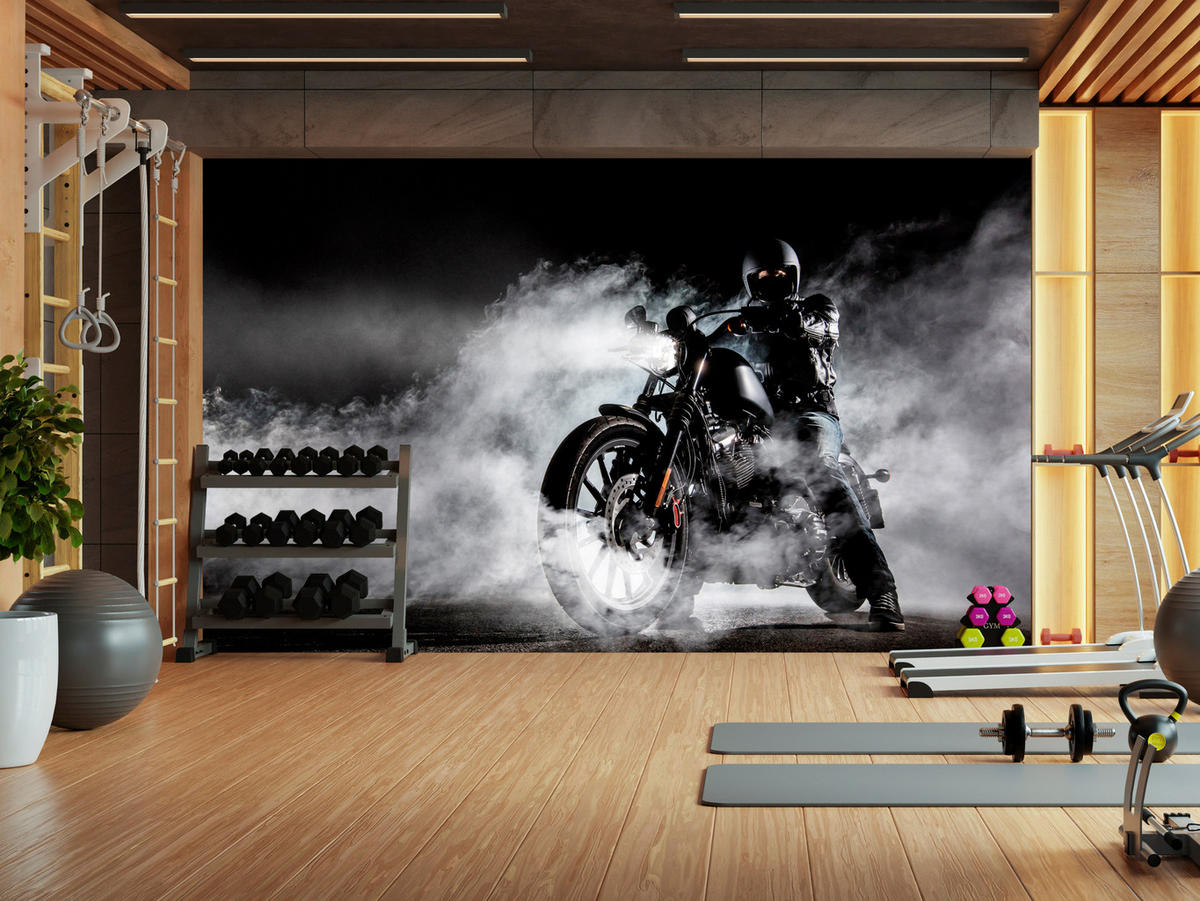 FOTOTAPETE für Jugendzimmer Motorrad Nebel Mann Straße Rauch Sport Action 200x140 - Schwarz/Weiß, Papier (200/140cm) - Muralo