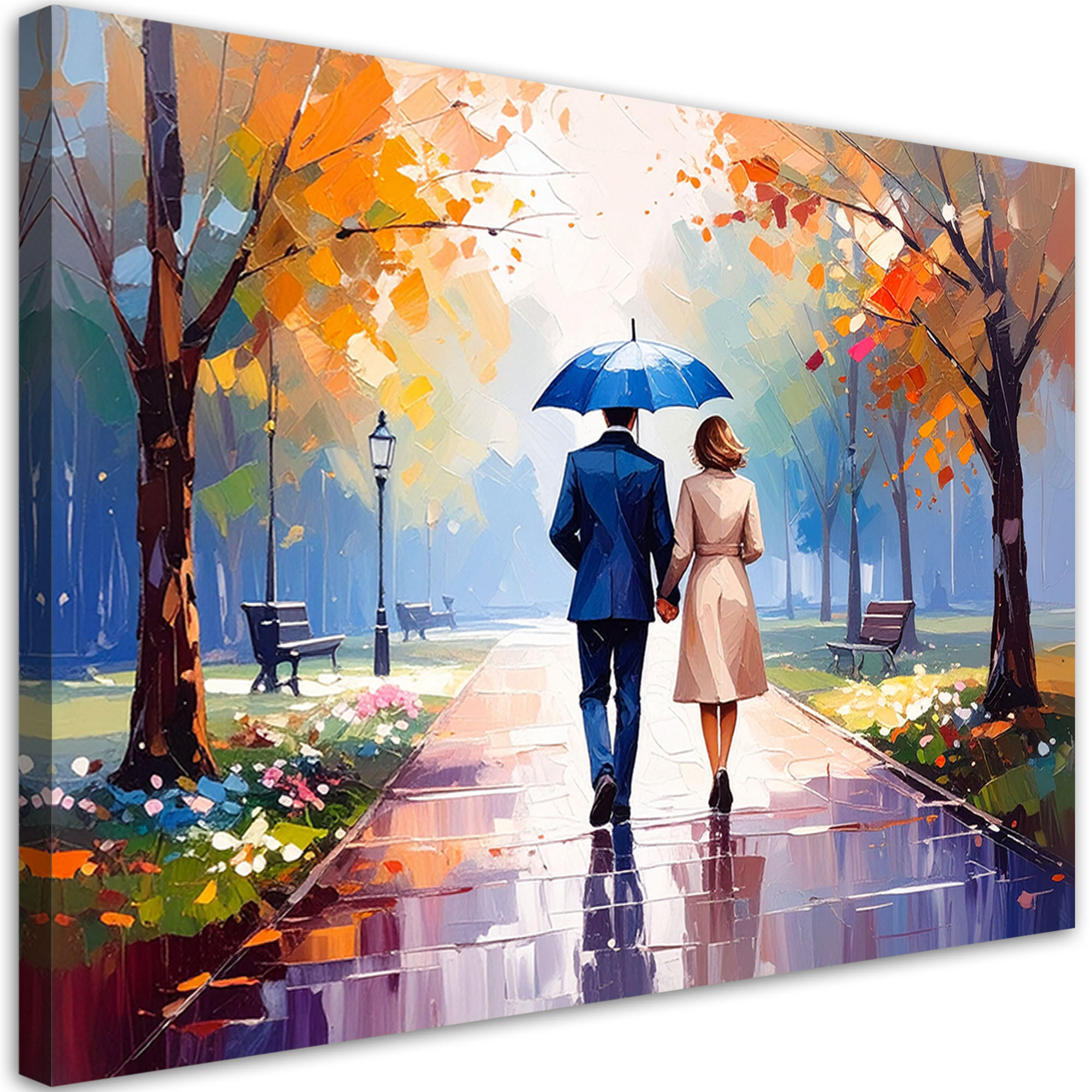 LEINWANDBILD Paar spaziert im Park 120x80cm - Multicolor, Textil (120/80cm) - Feeby