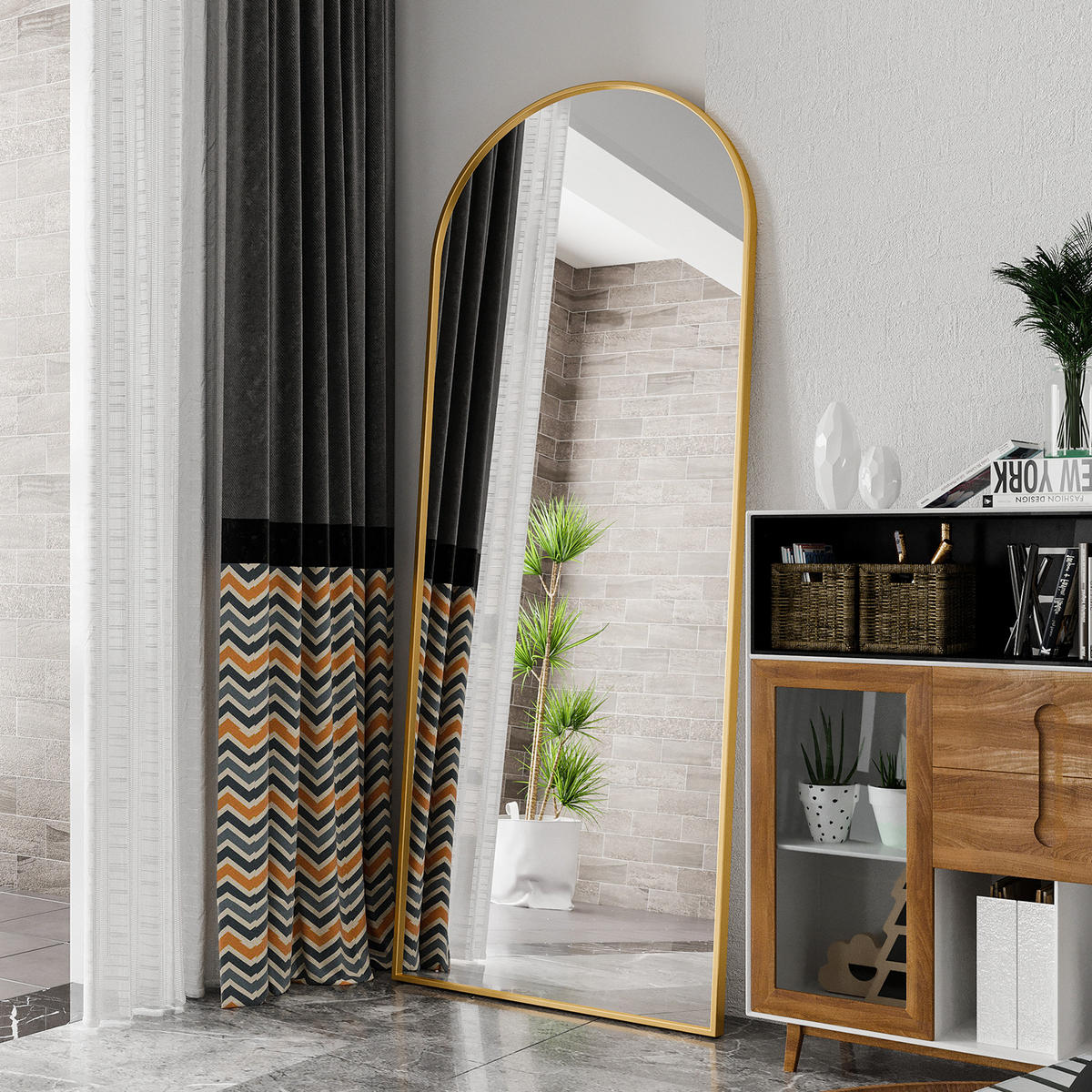 STANDSPIEGEL 1800 x 800 mm, curved full-length mirror, floor-standing, large gold frame, gold - Goldfarben, Glas (80/180/3cm) - WoodenAura