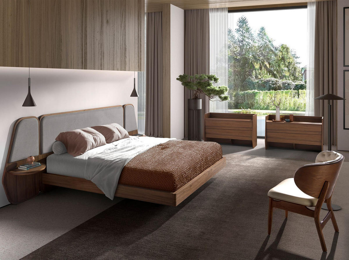 BETT Bett in Walnuss und grauem Stoff 296/209/110 cm - Walnussfarben, Holz (180/200cm) - ANGEL CERDA