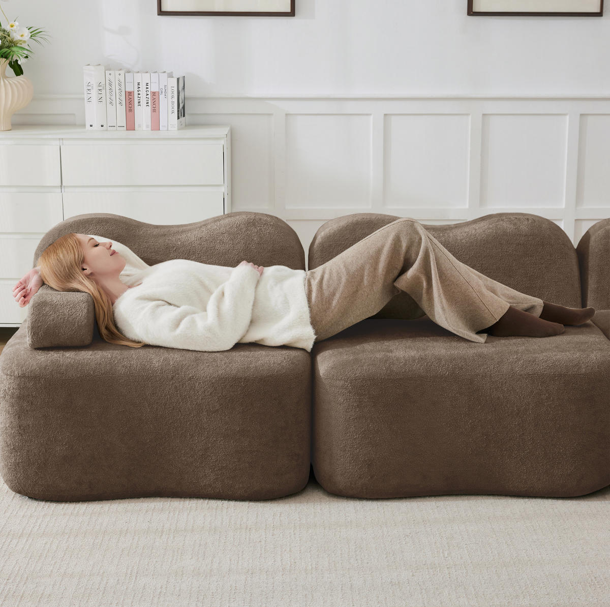 SOFA 288/98/70 cm in Braun aus Samt, modular und rahmenlos - Braun, Textil (98/70/288cm) - Flora Grace