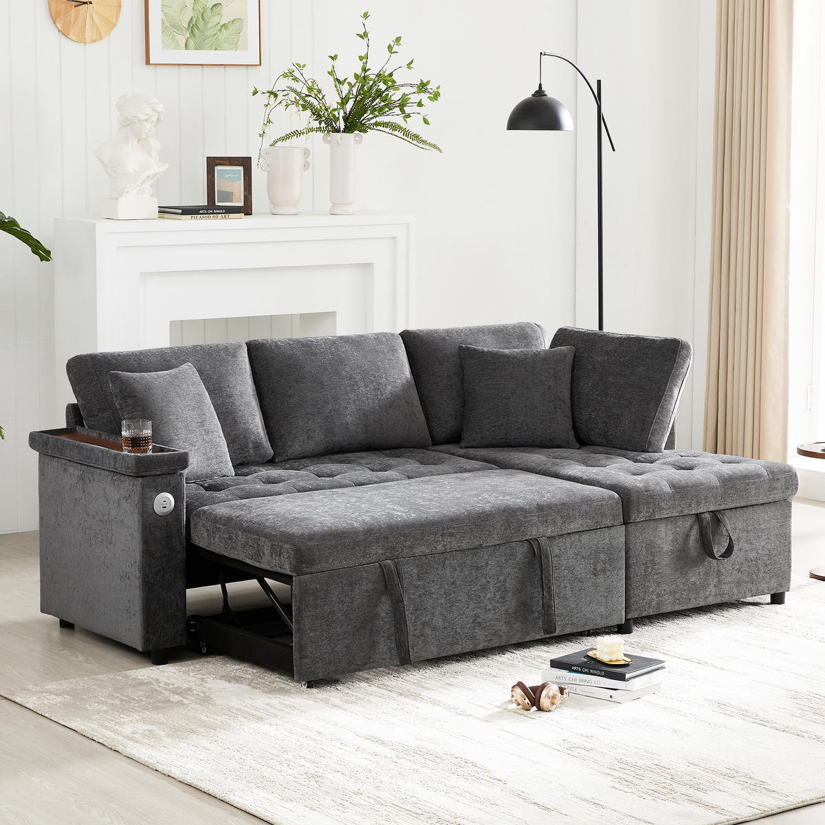 SCHLAFSOFA L-Form mit Stauraum, USB und 2 Kissen, Grau - Dunkelgrau, Textil (209/84/130cm)