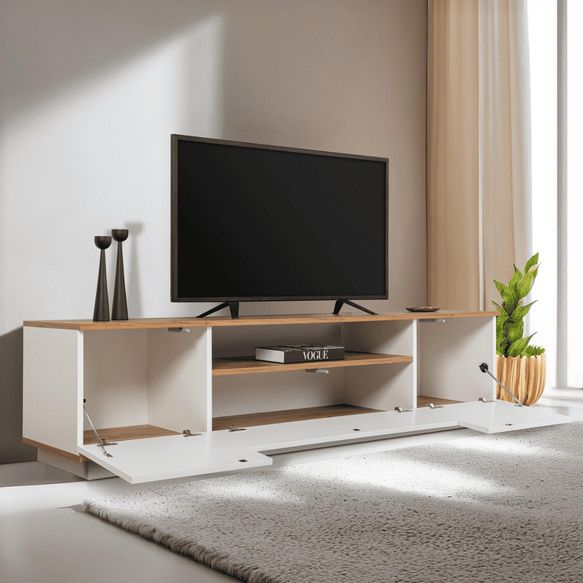 TV furniture with 3 folding doors and 1 niche, L180 cm - Weiß, Holzwerkstoff (44.5/44.6/12cm) - Calicosy