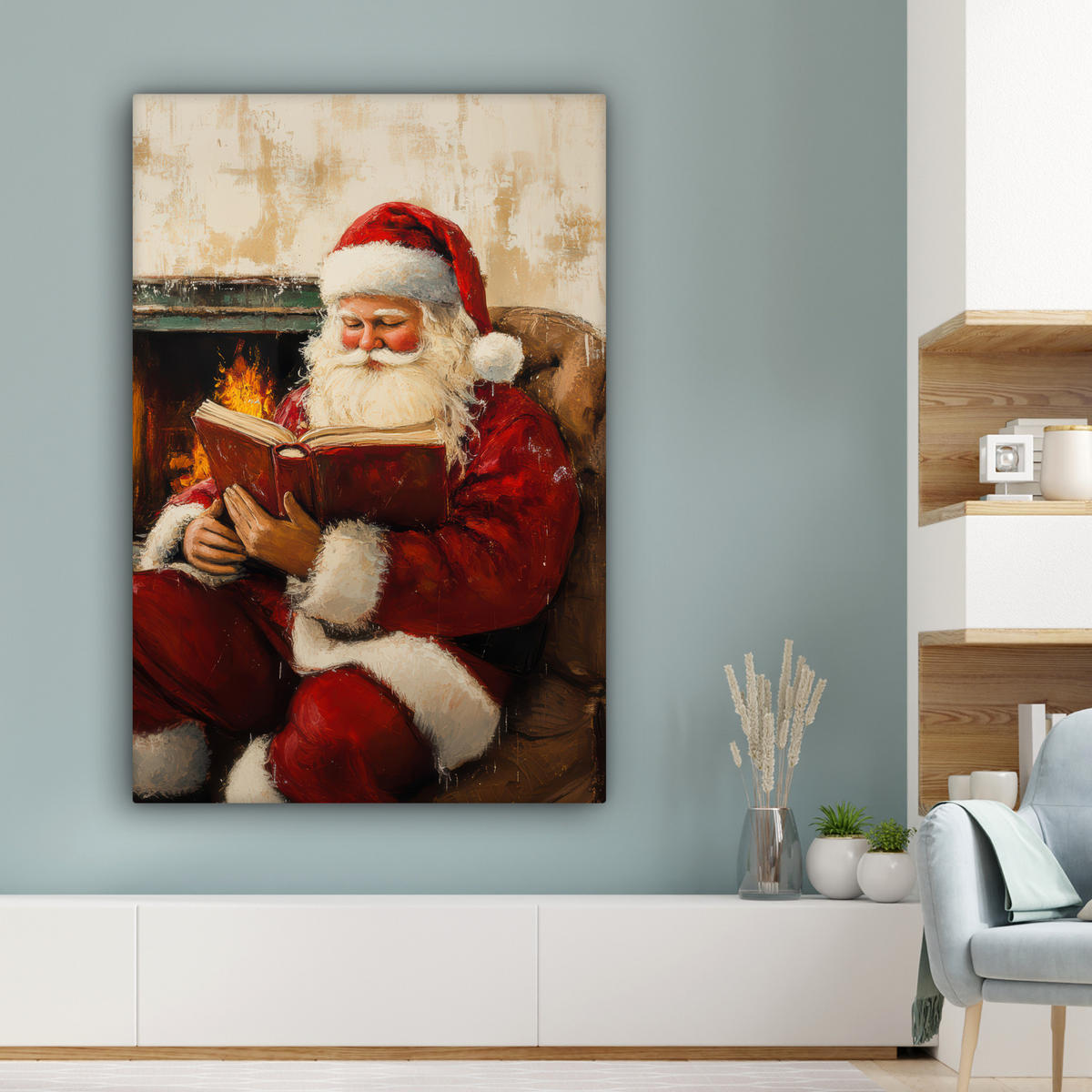 LEINWANDBILD Weihnachten - Weihnachtsmann - Winter - Open Fireside Deko Groß 90x140 cm - Dunkelrot, Textil (90/140cm) - MuchoWow