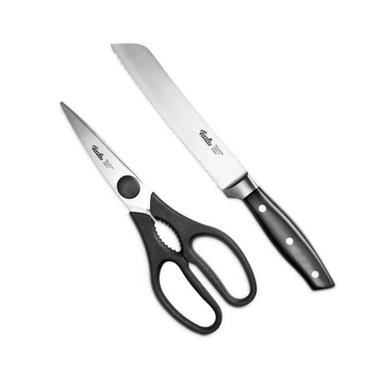 KÜCHENMESSER SET 2-tlg Schwarz Silber, Brotmesser 180 mm, Küchenschere, Edelstahl, Schneidemesser, Küchenzubehör, Profi Messer, Klingenstahl - Silberfarben/Schwarz, Metall - Fissler